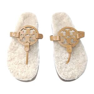 Tory Burch Miller Cloud Shearling Sandals Women's Size 10 Caramel Buttermilk